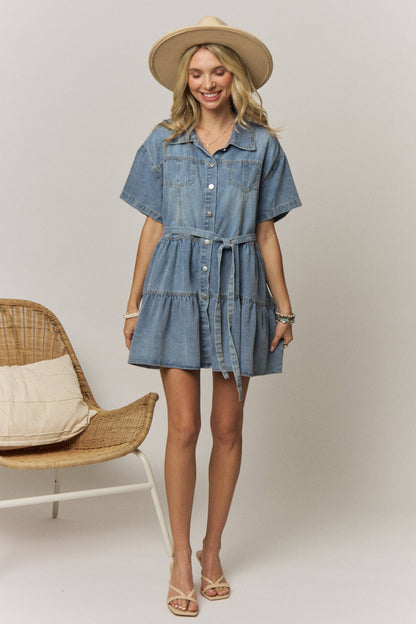 DENIM TIERED SHIRT DRESS WITH TIE WAIST
