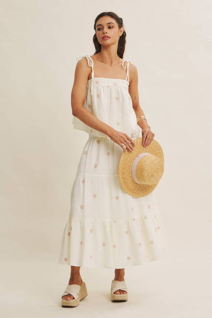 SUNSET FIELD EMBROIDERED COTTON GAUZE TANK WITH TIE STRAPS