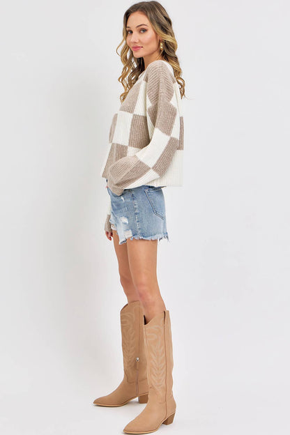 CASUAL SOFT COZY  RELAXED FIT CHECKER KNIT SWEATER