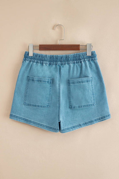 Western Contrast Drawstring Elastic Waist Denim Shorts
