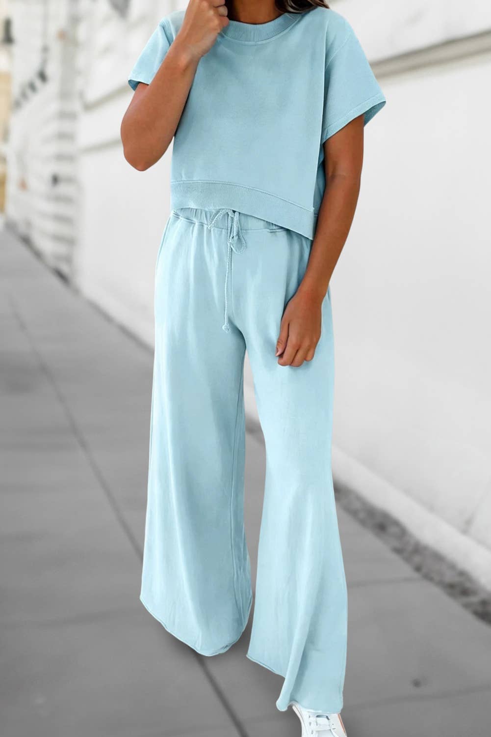 Blue Soft Color Tee & Wide Leg Pants 2pcs Set