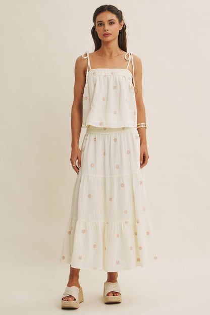 SUNSET FIELD EMBROIDERED COTTON GAUZE TANK WITH TIE STRAPS