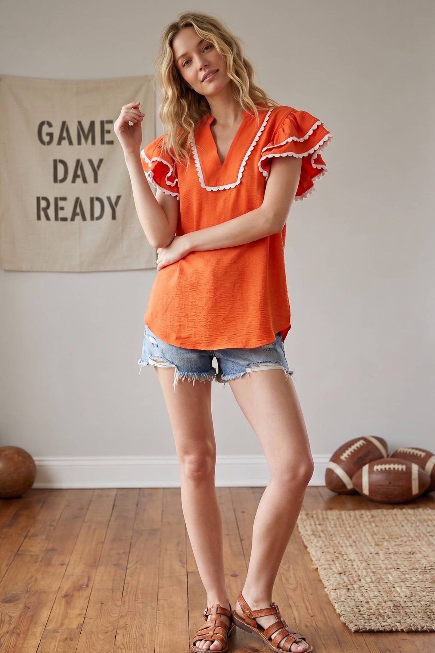 Ruffle Sleeve Scallop Trim Orange Top