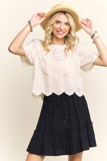 SHORT SLEEVE EYELET EMBROIDERED BLOUSE