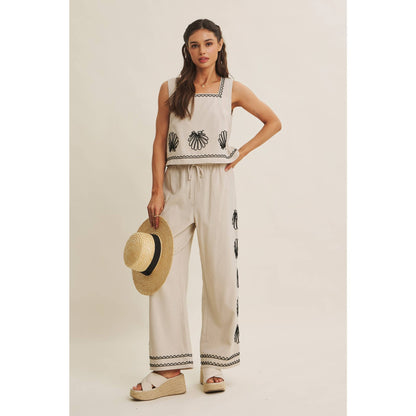 QUIET LUXURY COASTAL SEASHELL EMBROIDERED SQUARE NECK TOP