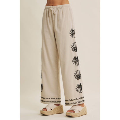 QUIET LUXURY COASTAL SEASHELL EMBROIDERED WIDE-LEG PANTS