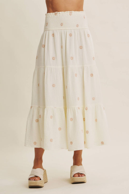 SUNSET FIELD EMBROIDERED COTTON GAUZE SMOCKED MIDI SKIRTS