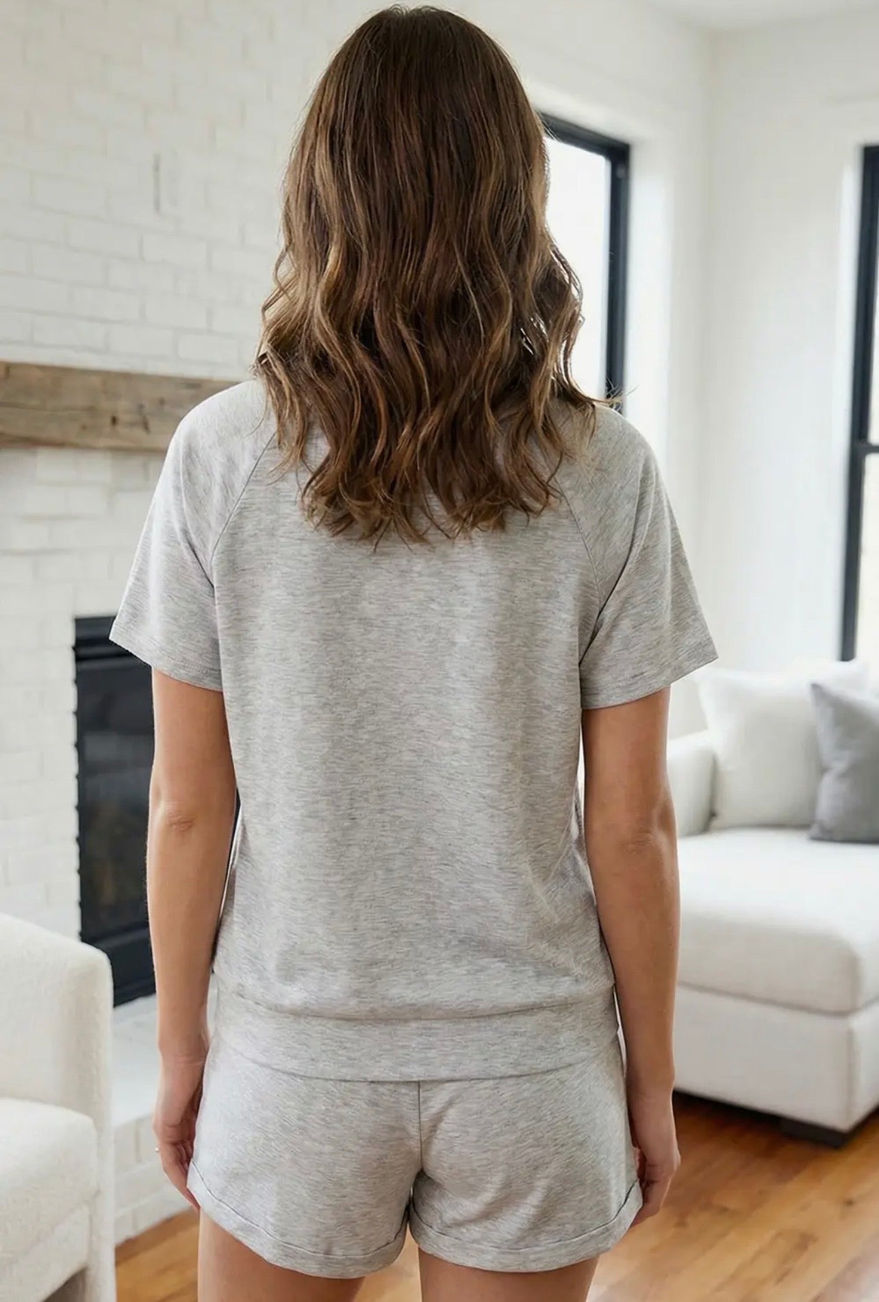 Cozy V Collared Short Sleeve Top & Shorts Set Grey