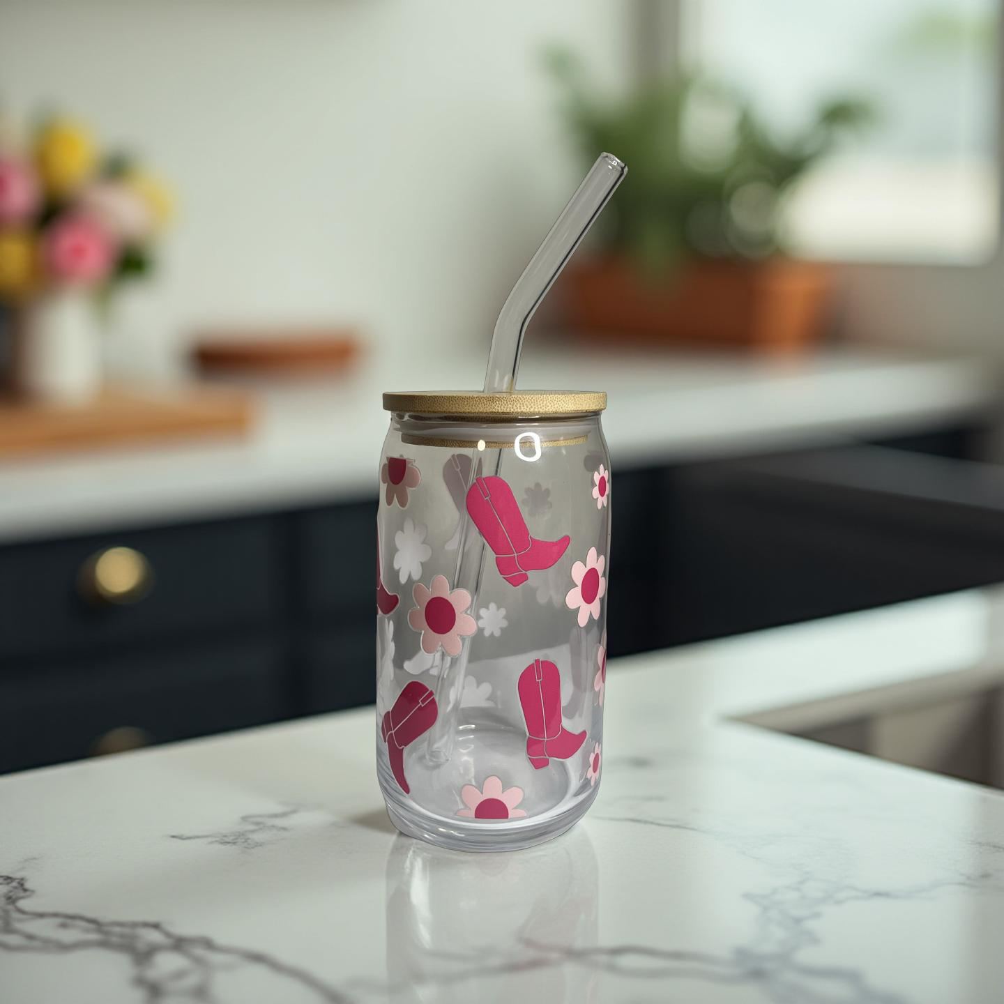 Cowboy Pink Boot Flower Glass Cup
