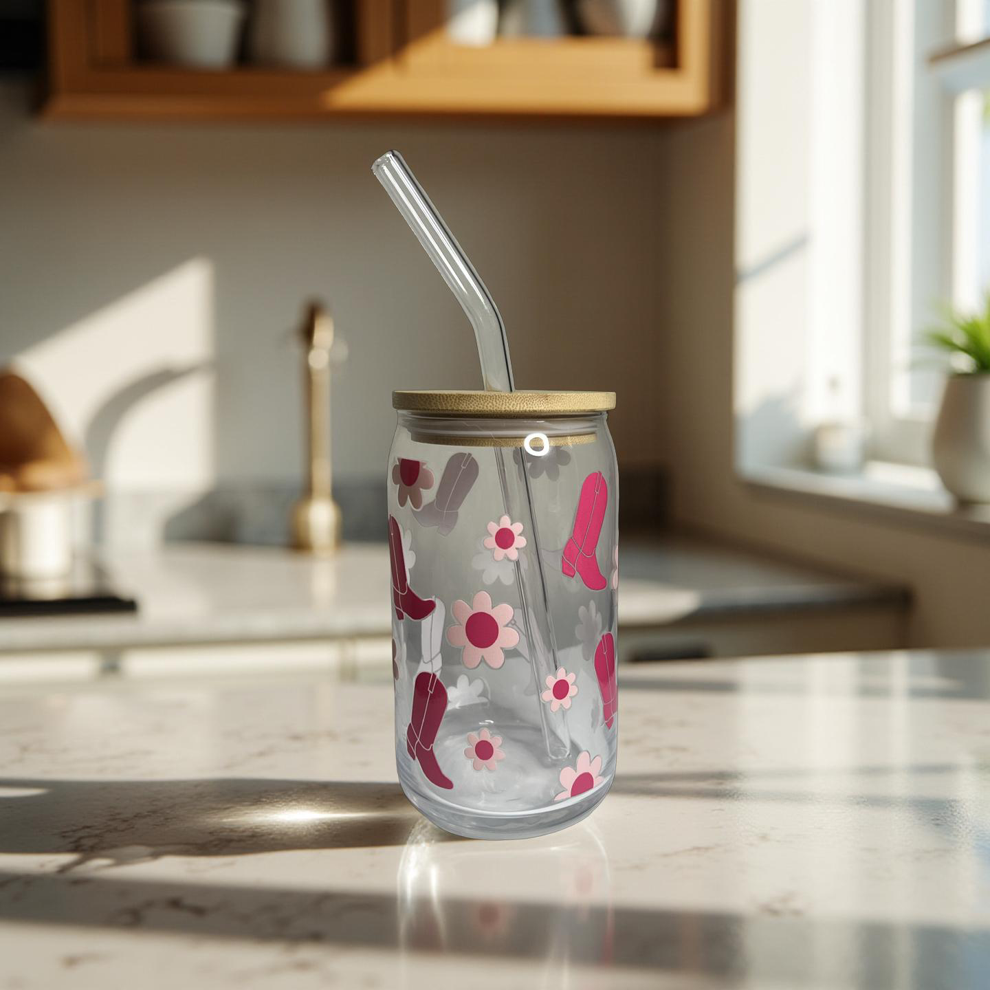 Cowboy Pink Boot Flower Glass Cup