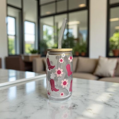 Cowboy Pink Boot Flower Glass Cup