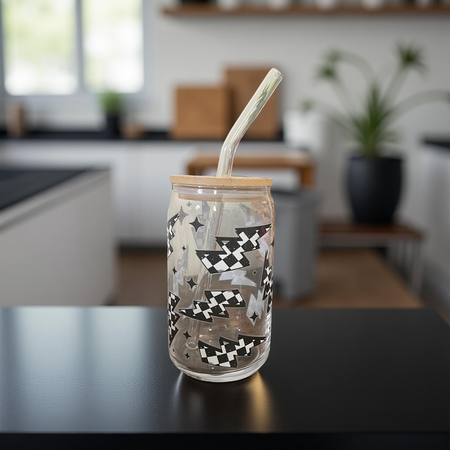 Black Checkered Lightening Bolt Glass Cup