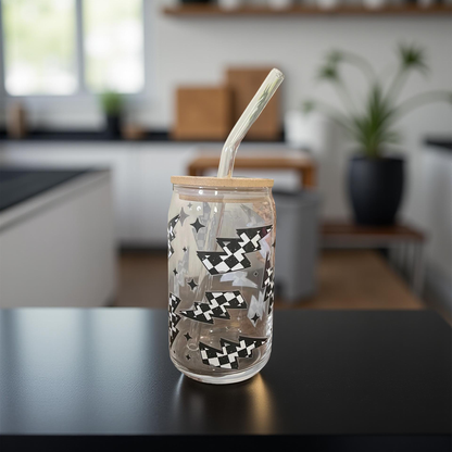 Black Checkered Lightening Bolt Glass Cup