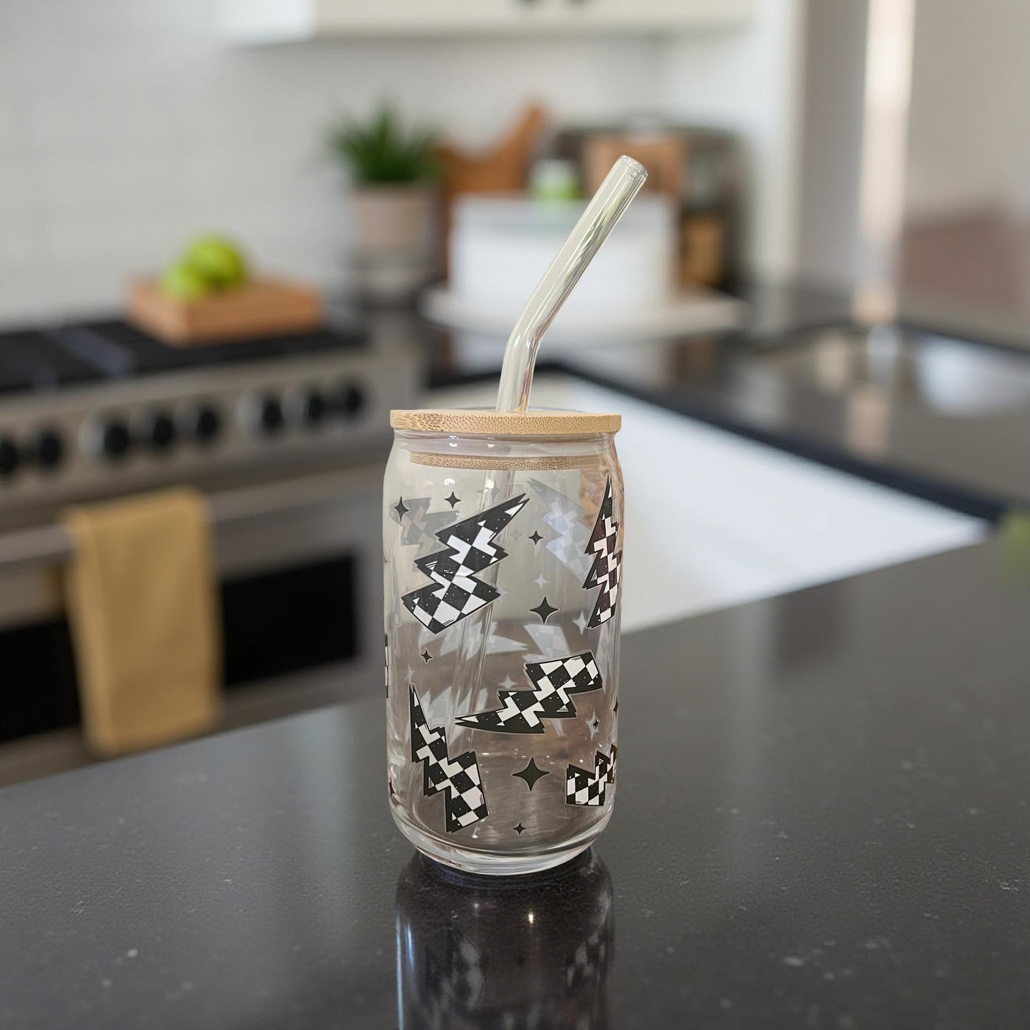 Black Checkered Lightening Bolt Glass Cup