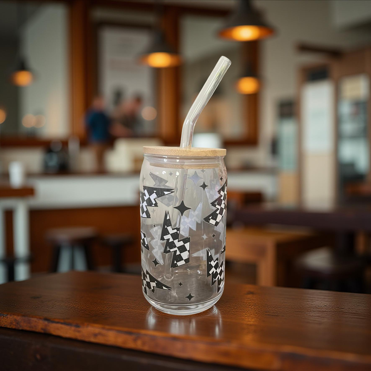 Black Checkered Lightening Bolt Glass Cup
