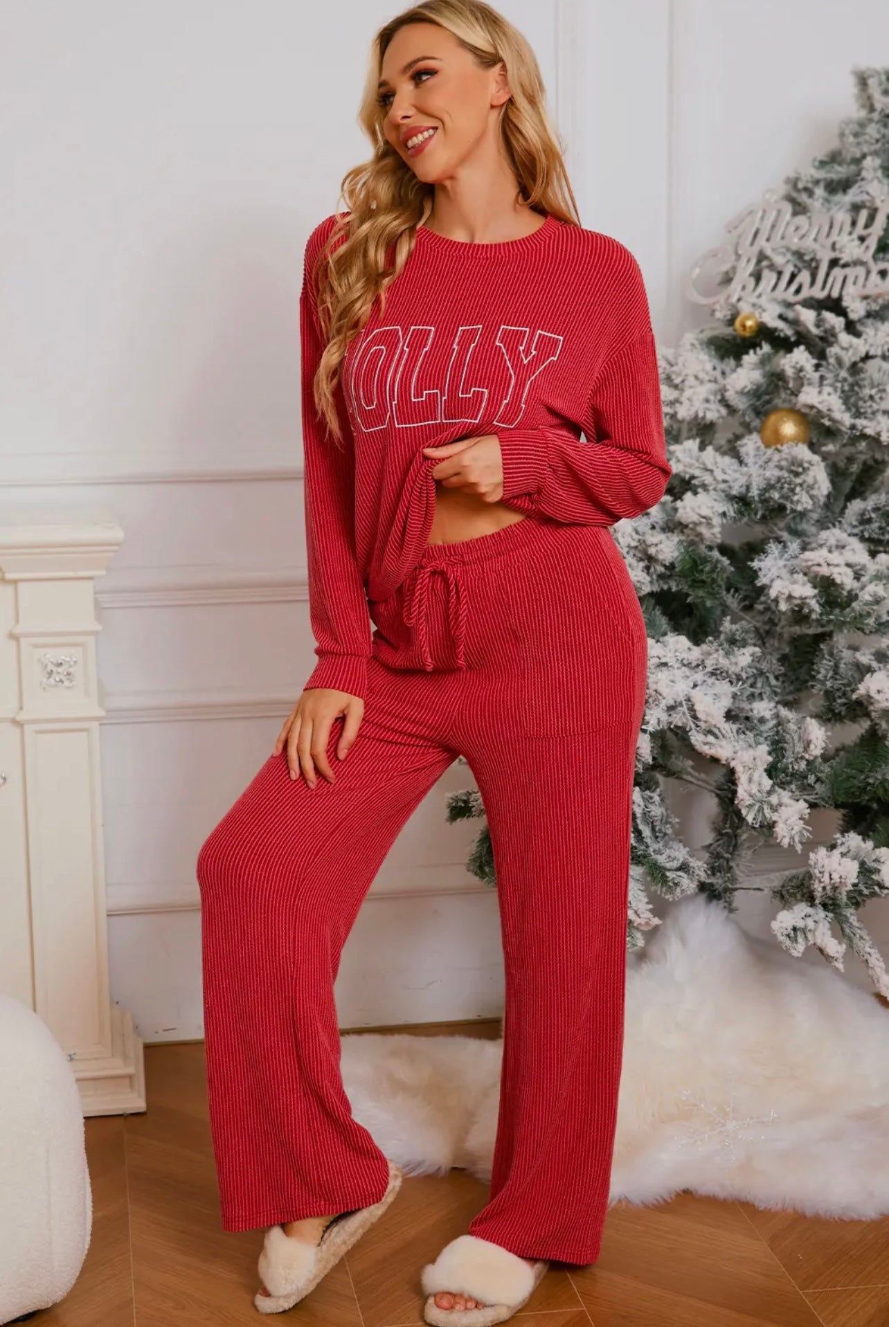 Jolly Red Corded Christmas Loungewear Set