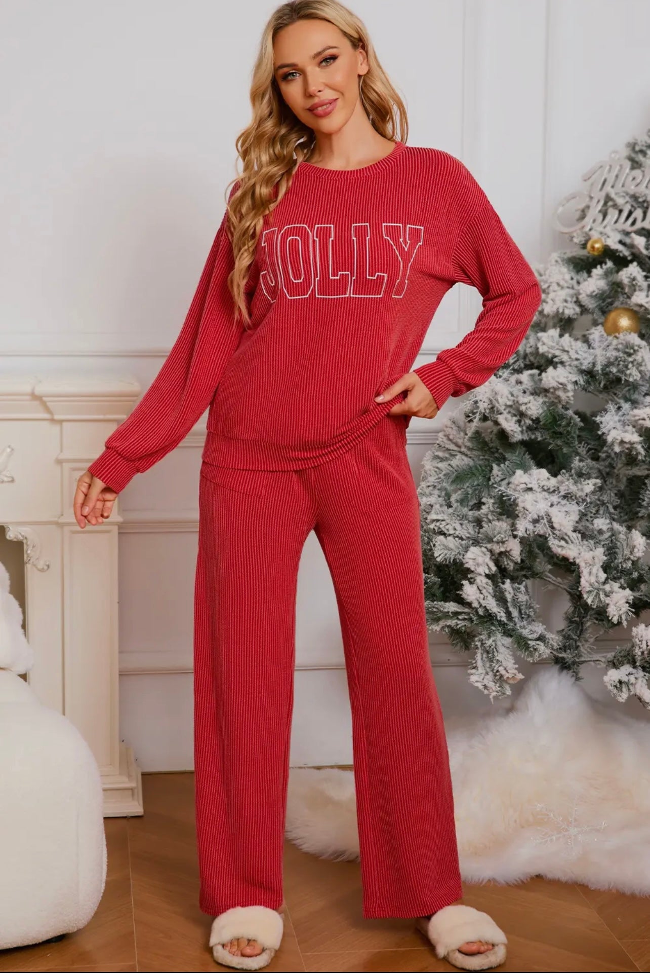 Jolly Red Corded Christmas Loungewear Set