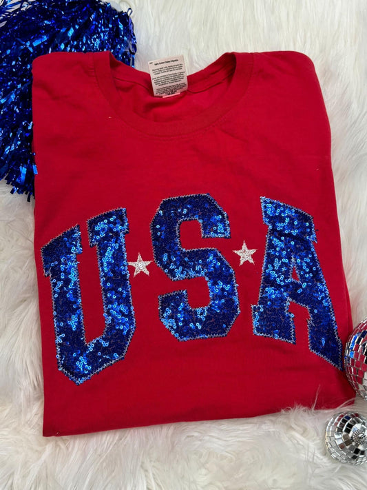 Red USA Embroidered Sequin Short Sleeve Shirt