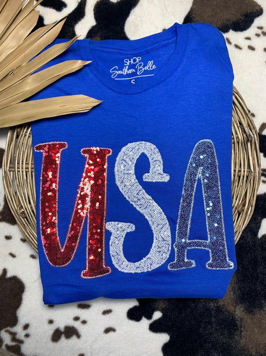 Blue USA Short Sleeve Sequin Shirt