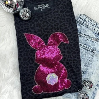 Easter Bunny leopard Embroidered Sequin Shirt