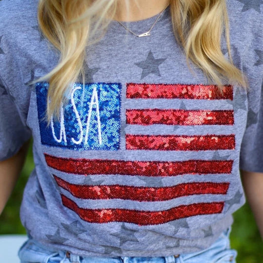 Star American Flag Short sleeve Sequin Shirt