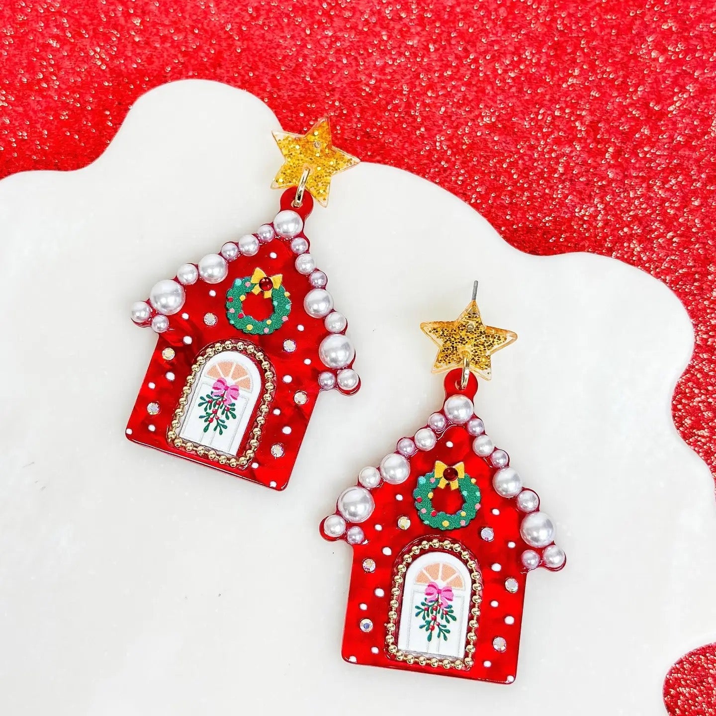 Pearl Chrismas House Dangle Earrings