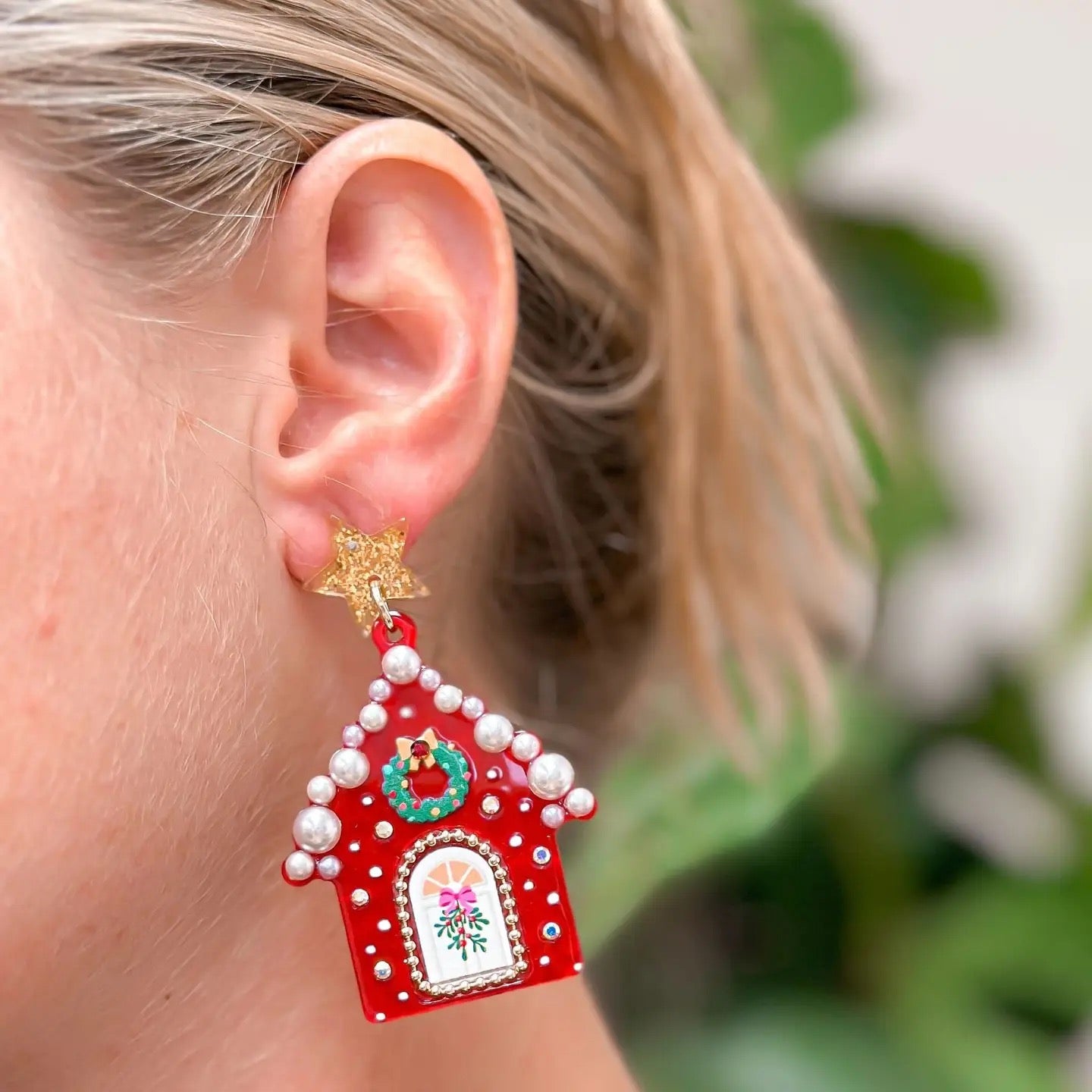Pearl Chrismas House Dangle Earrings