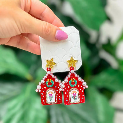 Pearl Chrismas House Dangle Earrings