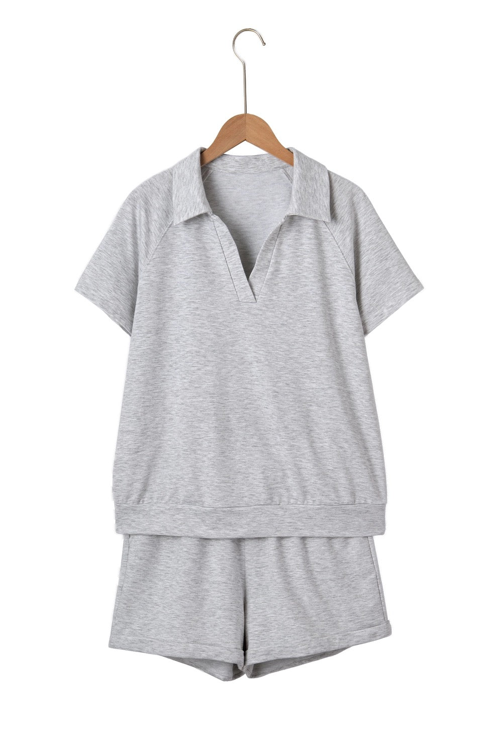 Cozy V Collared Short Sleeve Top & Shorts Set Grey