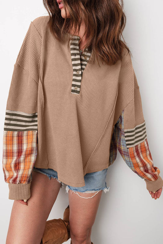 Sandy | Waffle Stripe Plaid Patchwork Knit Top