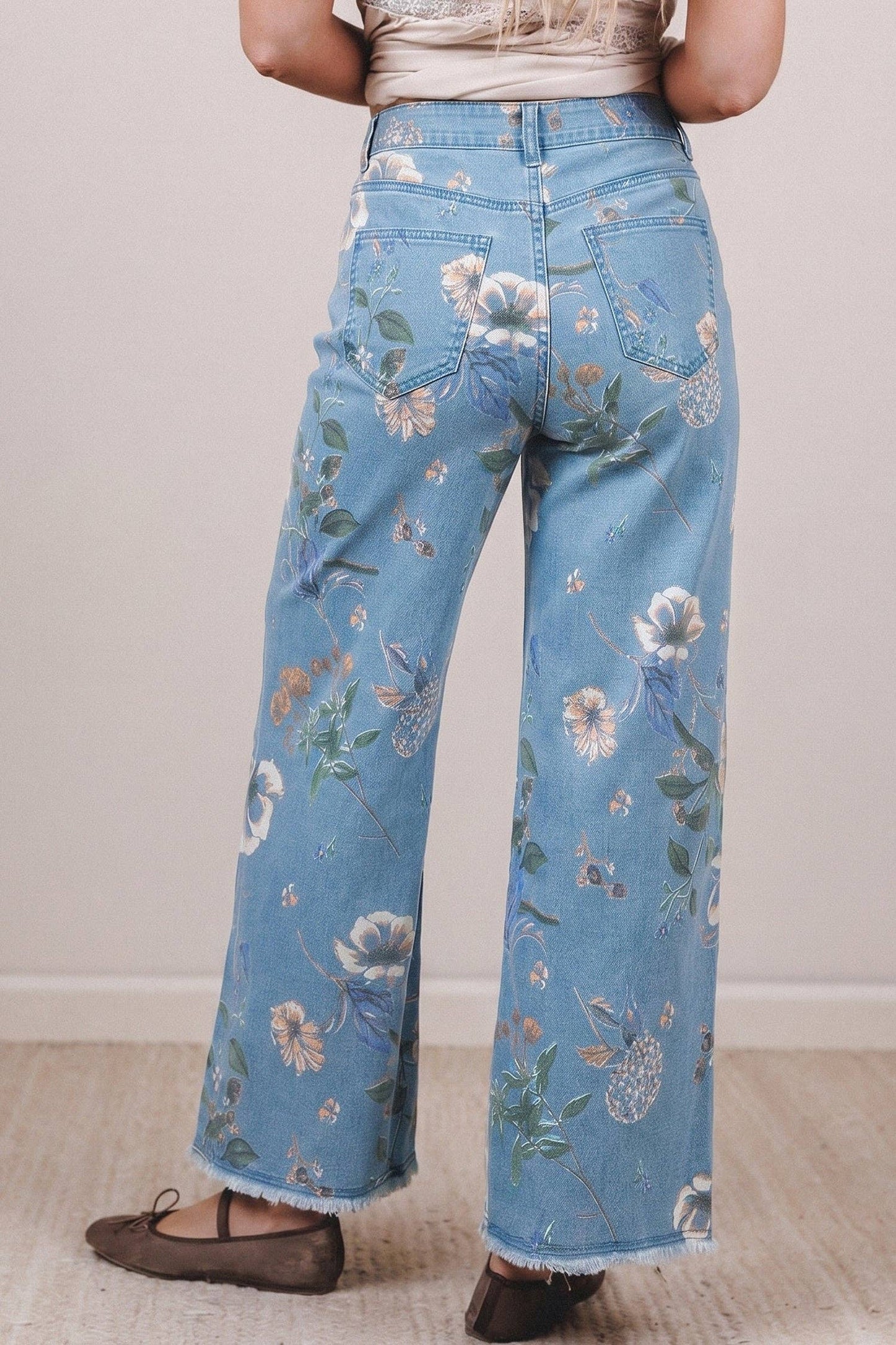 Retro Floral Print Frayed Hem Shift Jeans Boho Denim Pants