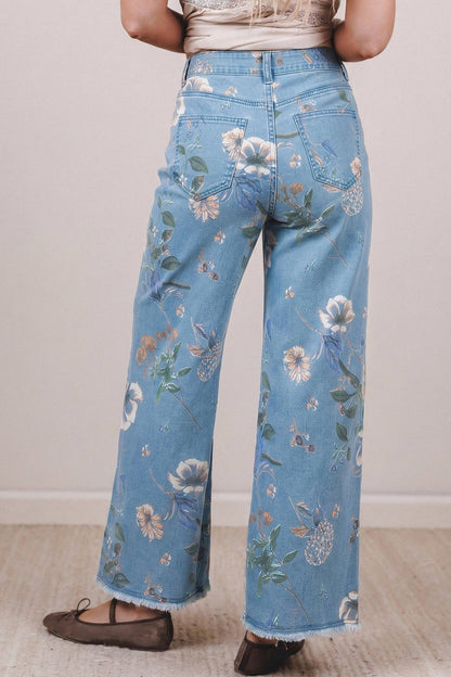 Retro Floral Print Frayed Hem Shift Jeans Boho Denim Pants