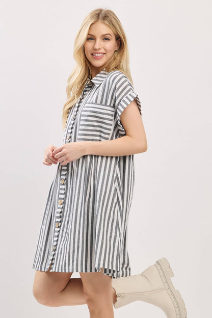 COTTON STRIPED BUTTON DOWN TUNIC DRESS