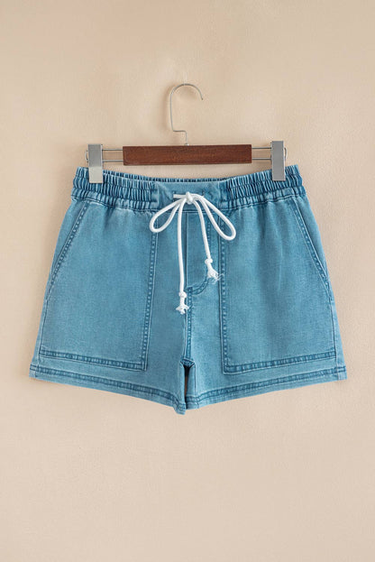 Western Contrast Drawstring Elastic Waist Denim Shorts