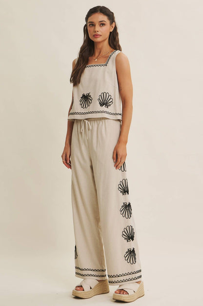 QUIET LUXURY COASTAL SEASHELL EMBROIDERED SQUARE NECK TOP