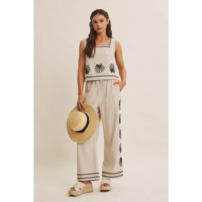QUIET LUXURY COASTAL SEASHELL EMBROIDERED SQUARE NECK TOP