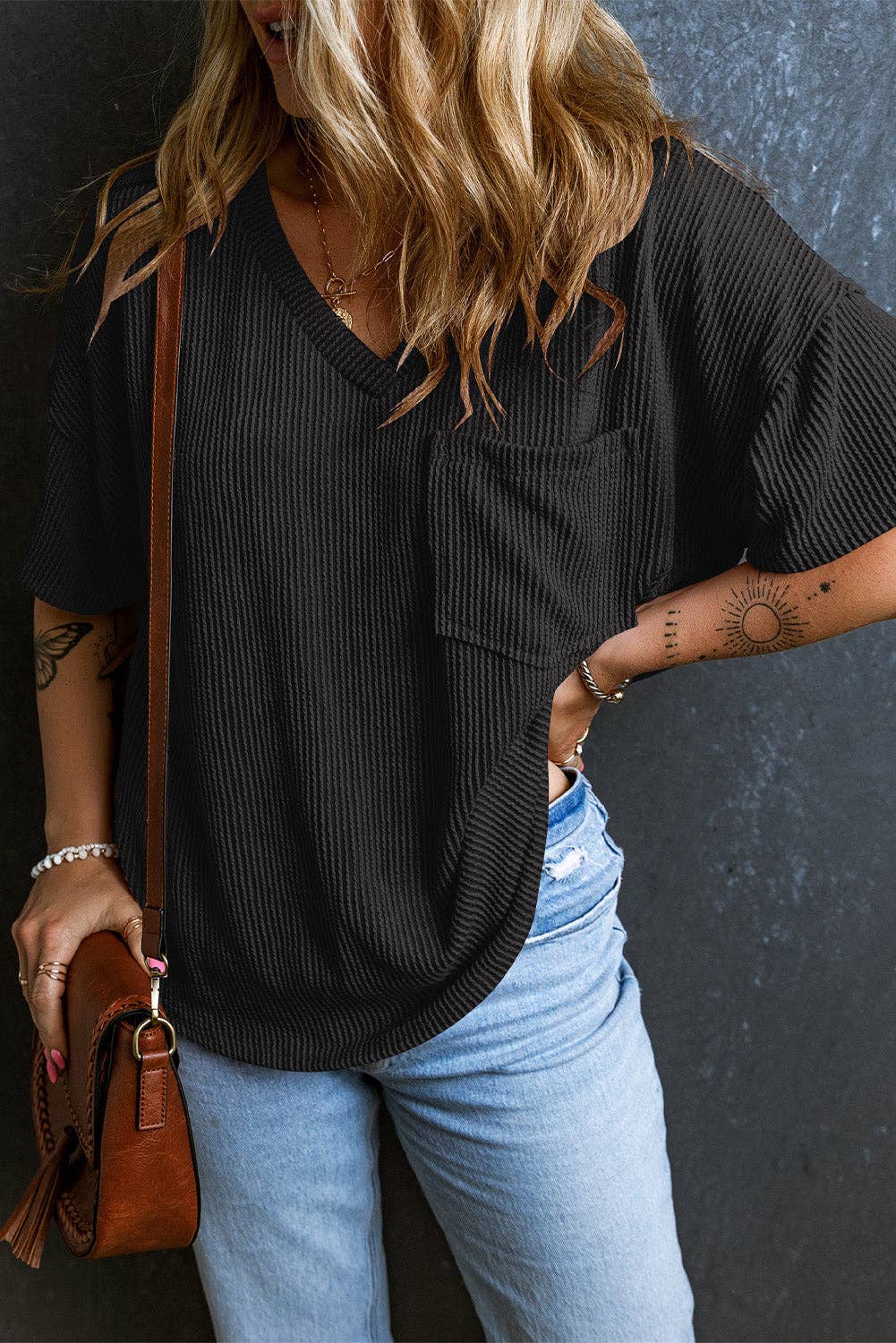 Women's Valerian Corded V Neck Chest Pocket Loose T-shirt
