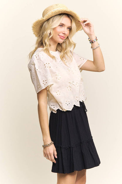 SHORT SLEEVE EYELET EMBROIDERED BLOUSE