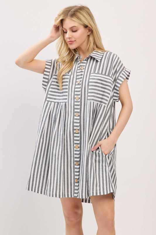 COTTON STRIPED BUTTON DOWN TUNIC DRESS