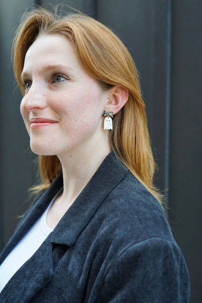 Mini Bow Ghost Earrings - White Shimmer