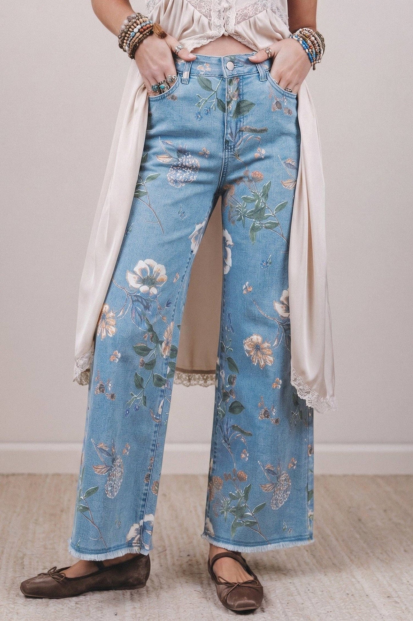 Retro Floral Print Frayed Hem Shift Jeans Boho Denim Pants