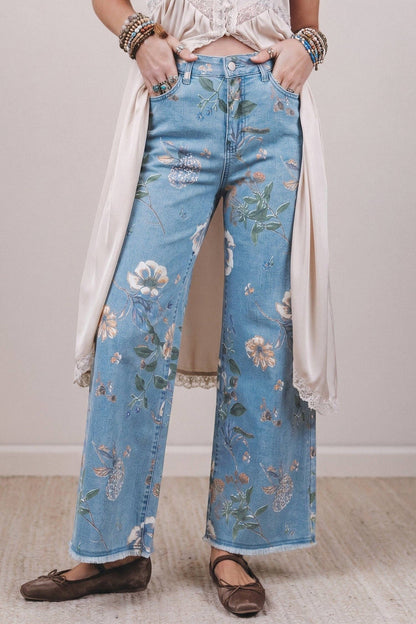Retro Floral Print Frayed Hem Shift Jeans Boho Denim Pants