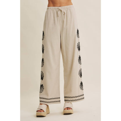 QUIET LUXURY COASTAL SEASHELL EMBROIDERED WIDE-LEG PANTS
