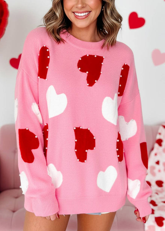 Pearl Embellished Heart Valentines Day Sweater | S-XL
