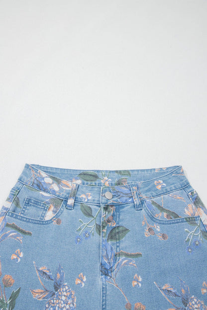 Retro Floral Print Frayed Hem Shift Jeans Boho Denim Pants