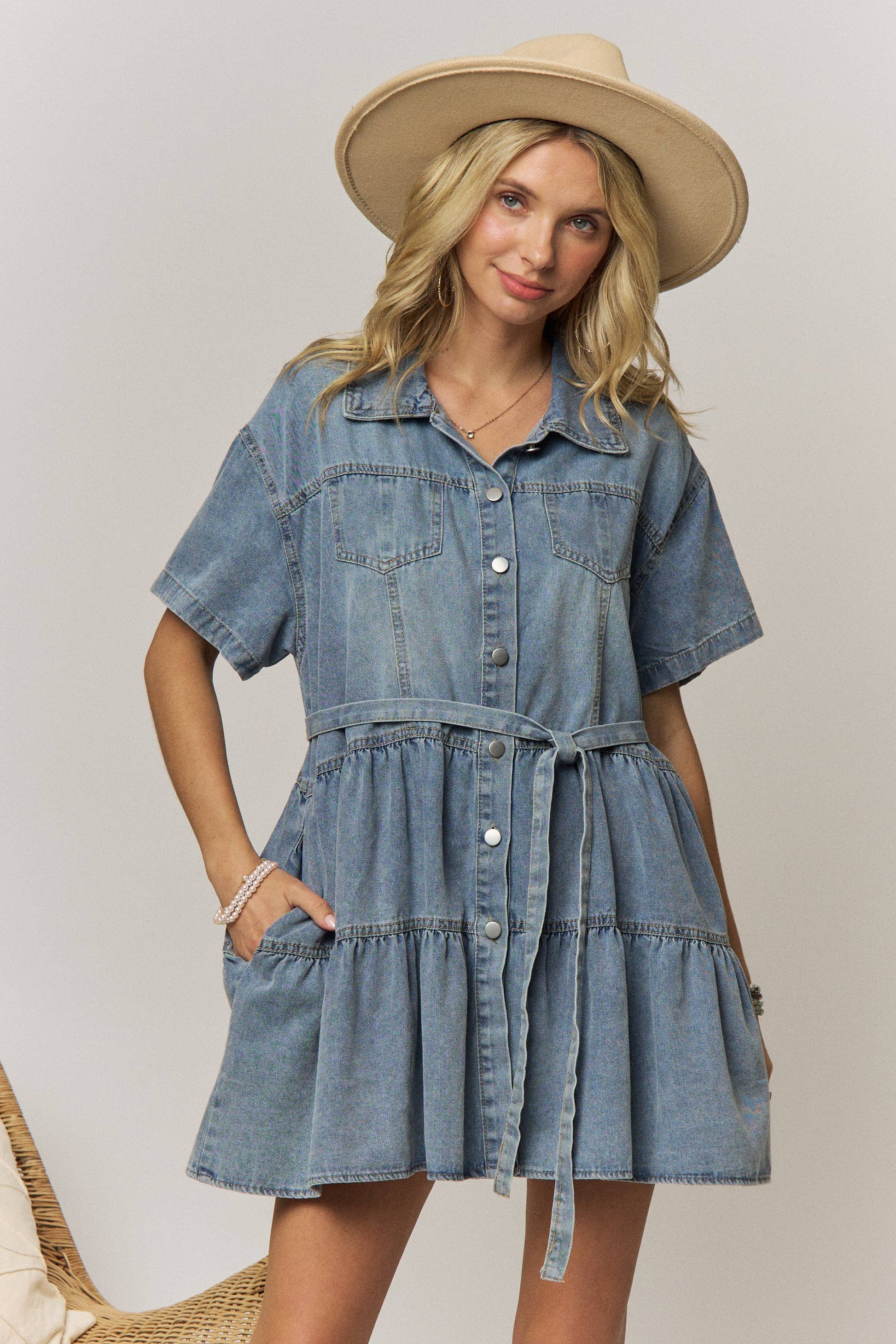 DENIM TIERED SHIRT DRESS WITH TIE WAIST – Moose Ranch Boutique