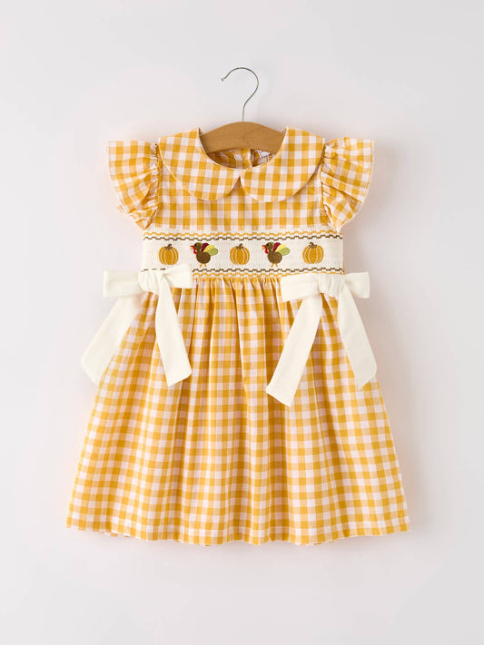 Autumn Thanksgiving Yellow Plaid Turkey Pumpkin Embroidery Smock Girl Dress