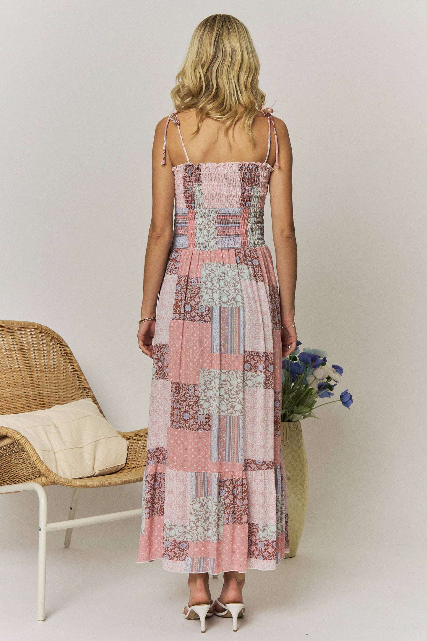 PATCHWORK PRINT SMOCKED MAXI DRESS
