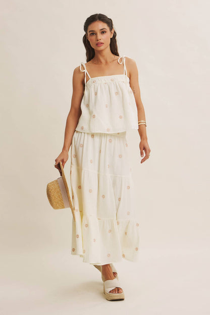 SUNSET FIELD EMBROIDERED COTTON GAUZE TANK WITH TIE STRAPS