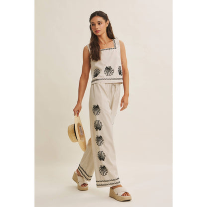 QUIET LUXURY COASTAL SEASHELL EMBROIDERED WIDE-LEG PANTS
